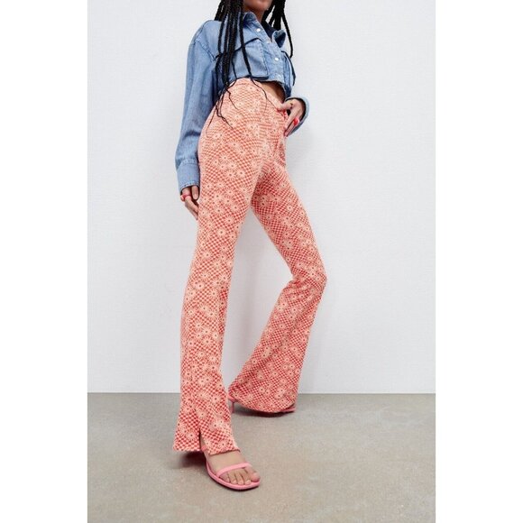 NEW ZARA Orange Daisy Print Flare Bottom Pants Size S Boho Hippie 70s Peace - Picture 1 of 7